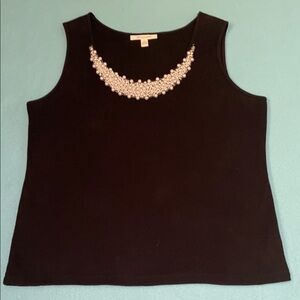 JM COLLECTION pearl embellished ribbed tank top black stretchy soft NEW size XL